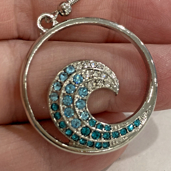 Silvertone pierced earrings drop dangle hoops blue white crystal rhinestone wave - Picture 3 of 6